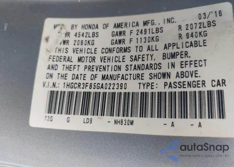 2016 Honda Accord Ex-L V-6 from USA, damaged, VIN 1HGCR3F85GA022390